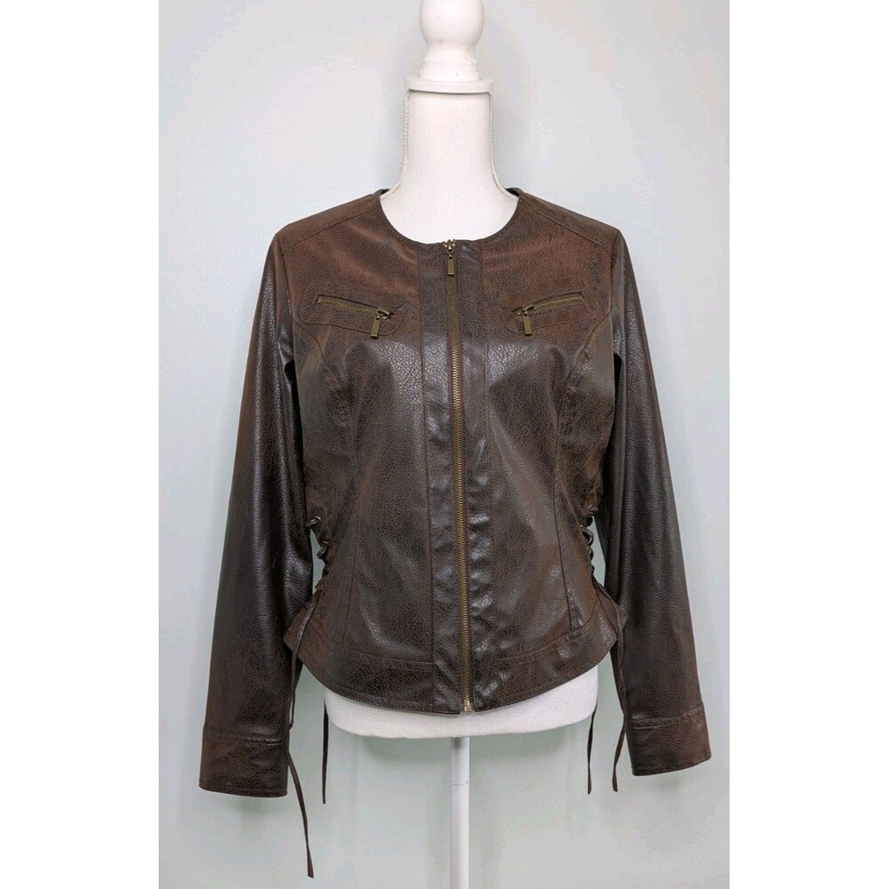 M by Marc Bouwer Whimsigoth Brown Faux Leather Jacket Lace Up Leopard Size 10